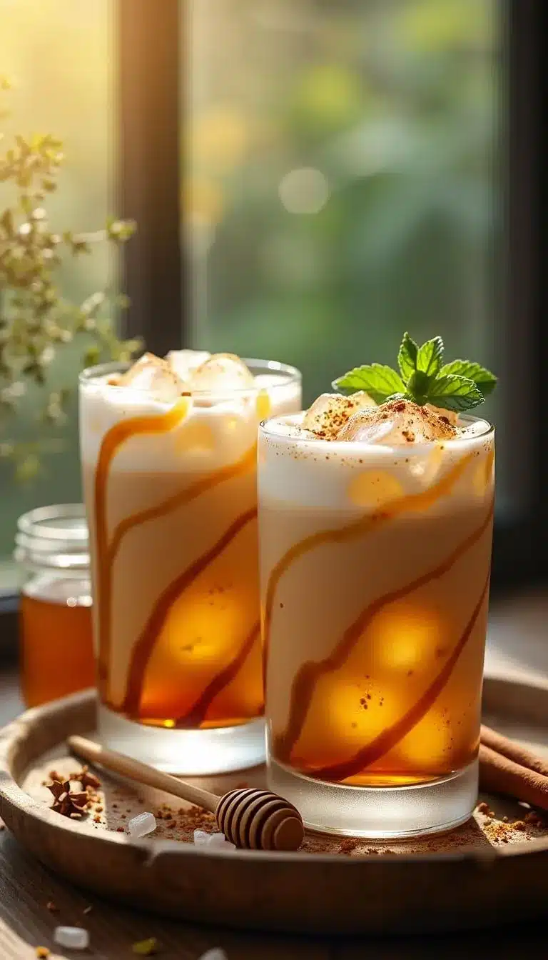 Pinterest pin for Creamy Honey Chai Iced Latte