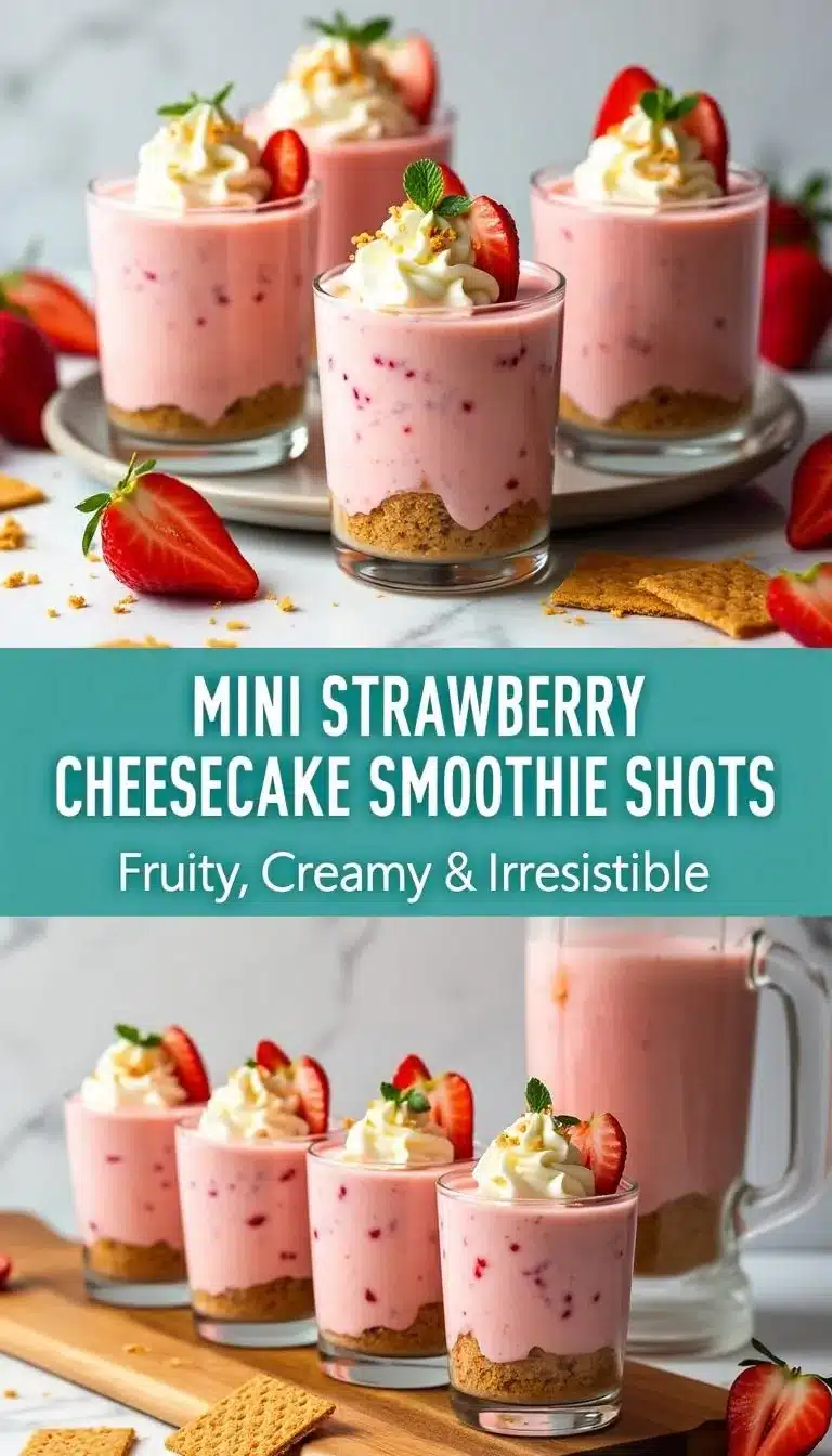 Pinterest pin for Mini Strawberry Cheesecake Smoothie Shots