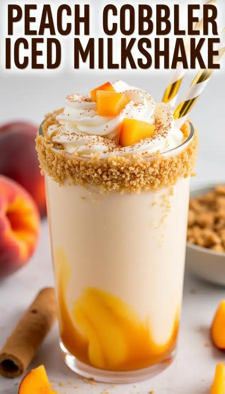 Pinterest pin for Peach Cobbler Milkshake