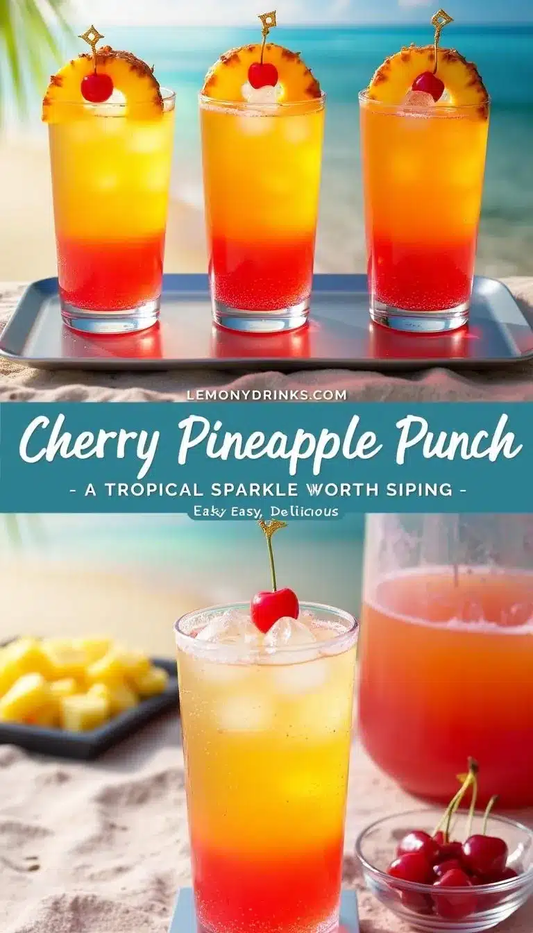 Pinterest pin for Tropical Cherry Pineapple Punch