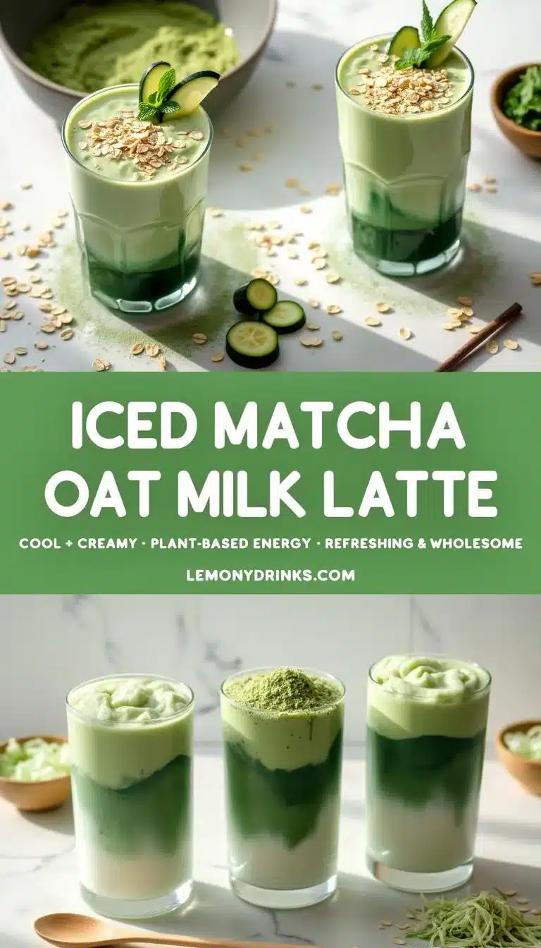 Pinterest pin for Iced Matcha Oat Milk Latte