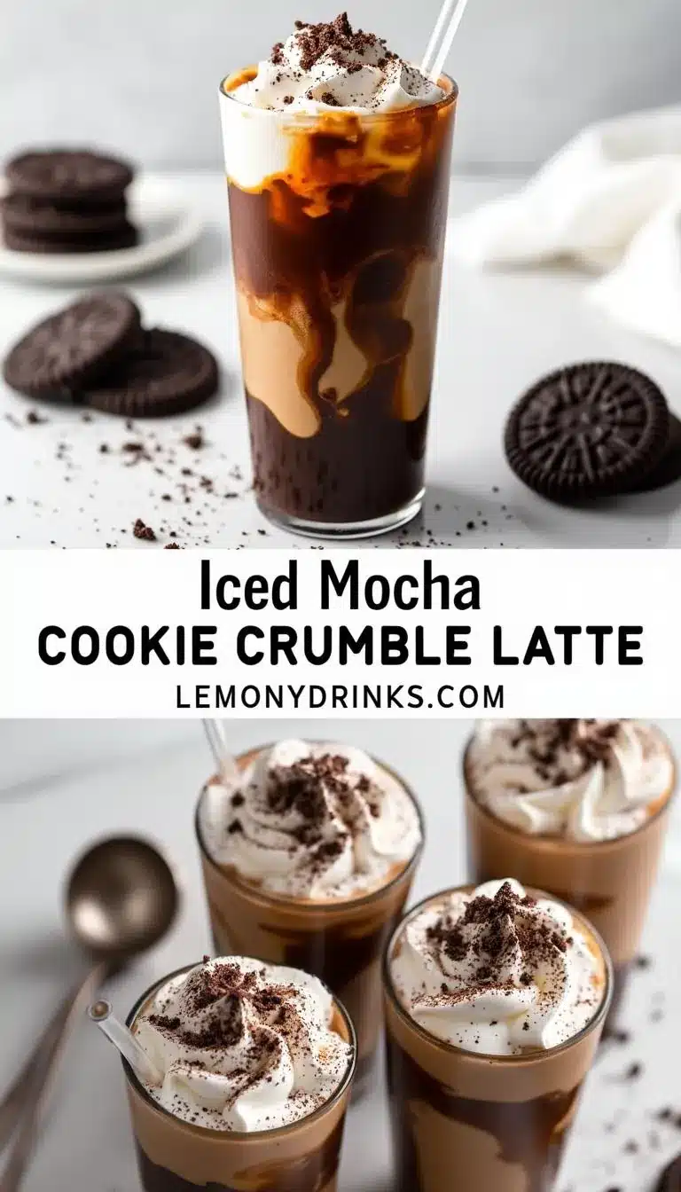 Pinterest pin for Iced Mocha Cookie Crumble Latte