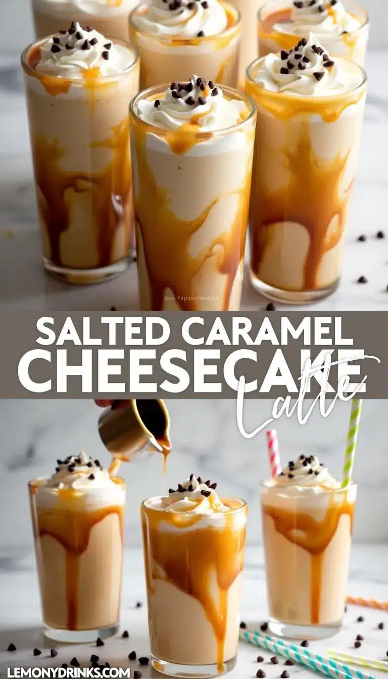 Pinterest pin for Salted Caramel Cheesecake Iced Latte