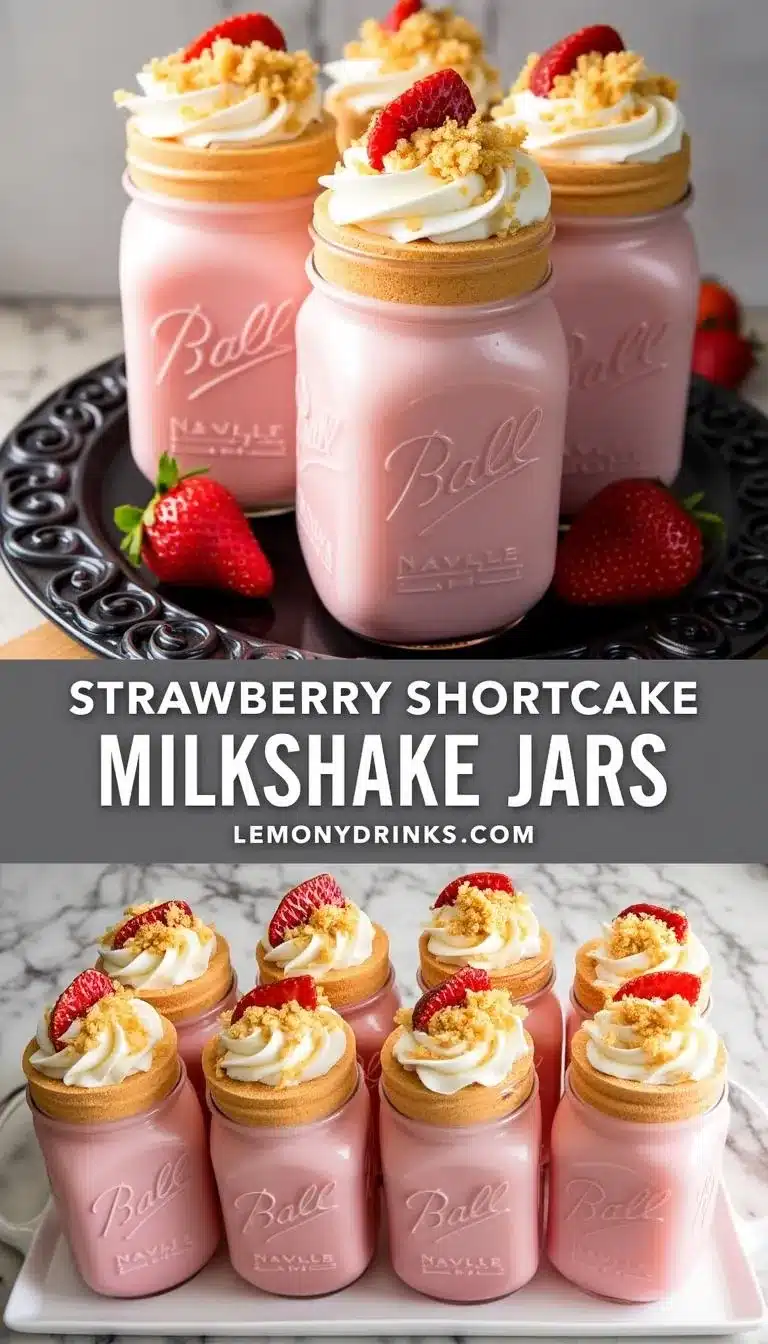 Pinterest pin for Strawberry Shortcake Milkshake Jars
