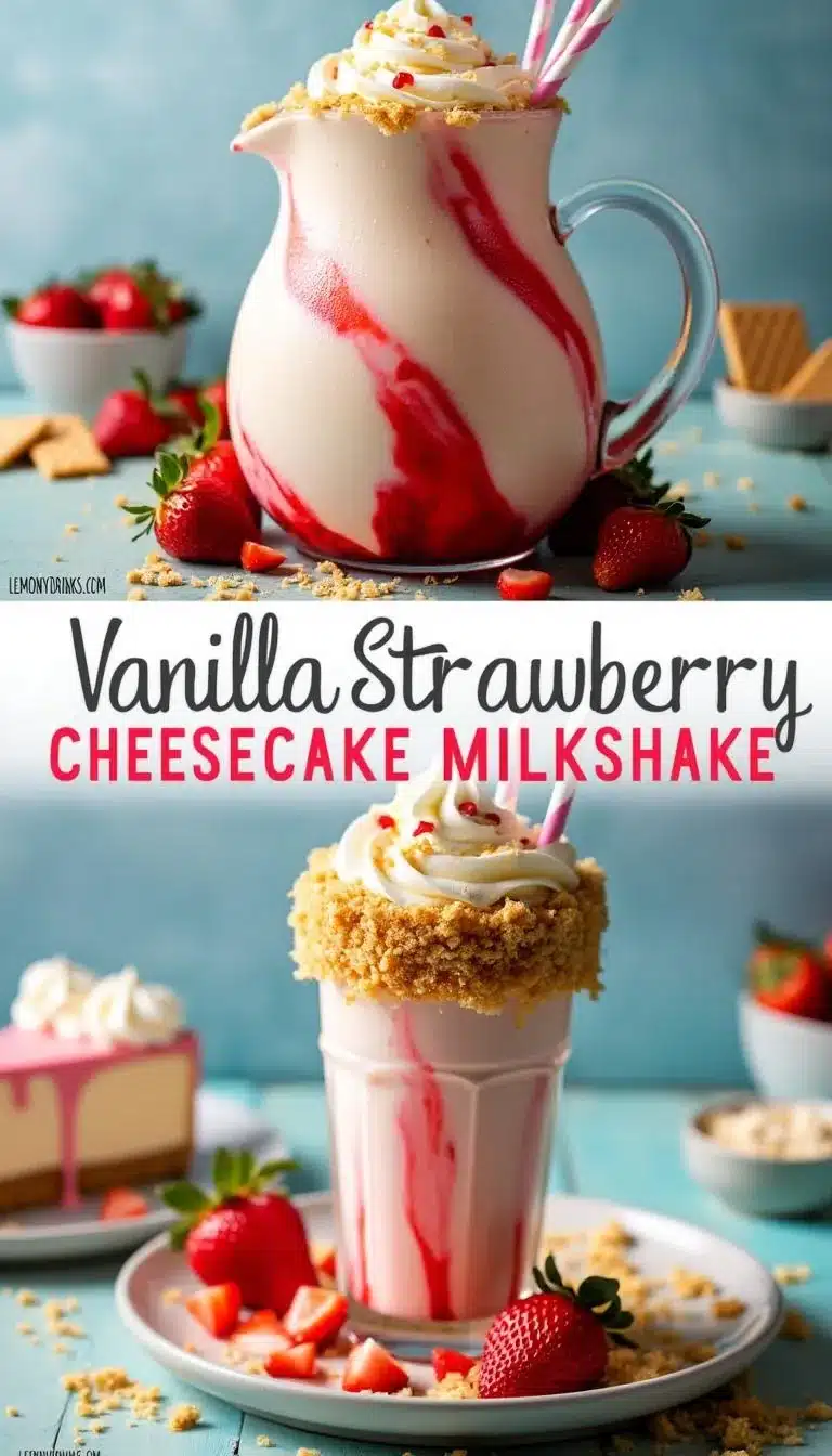Pinterest pin for Vanilla Strawberry Cheesecake Milkshake