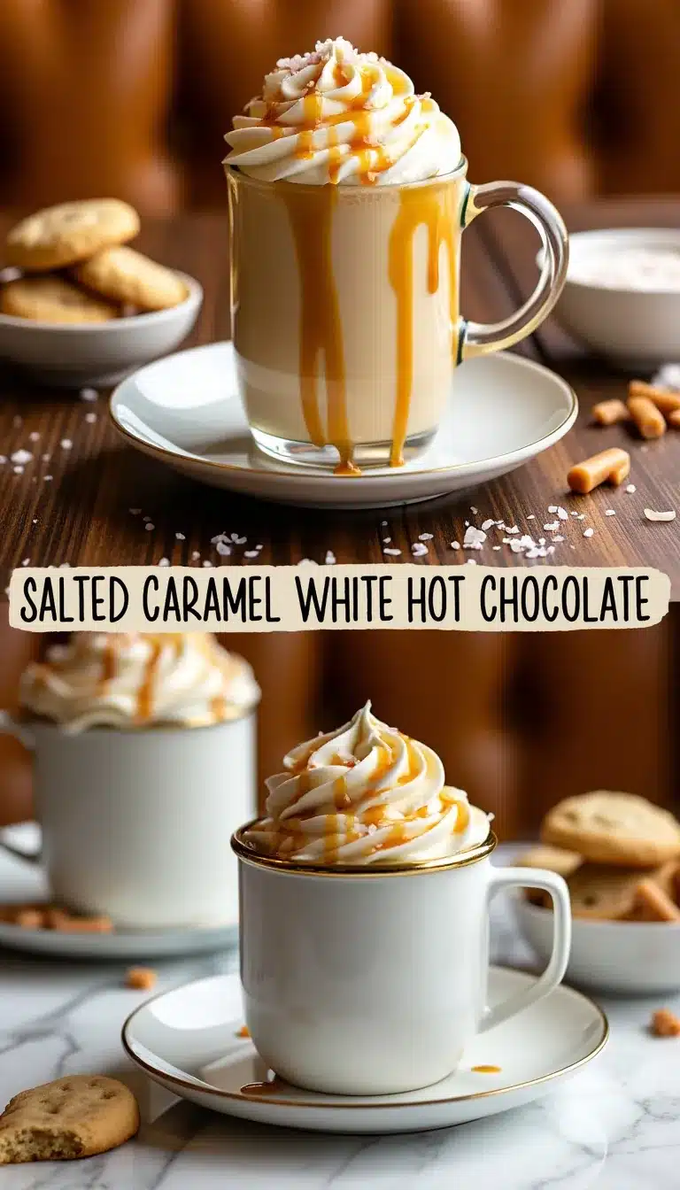 Pinterest pin for Salted Caramel White Hot Chocolate