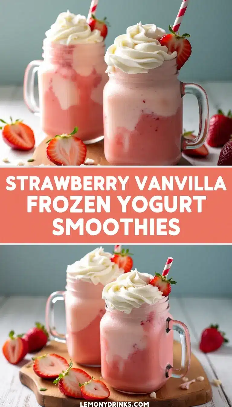 Pinterest pin for Strawberry Vanilla Frozen Yogurt Smoothies