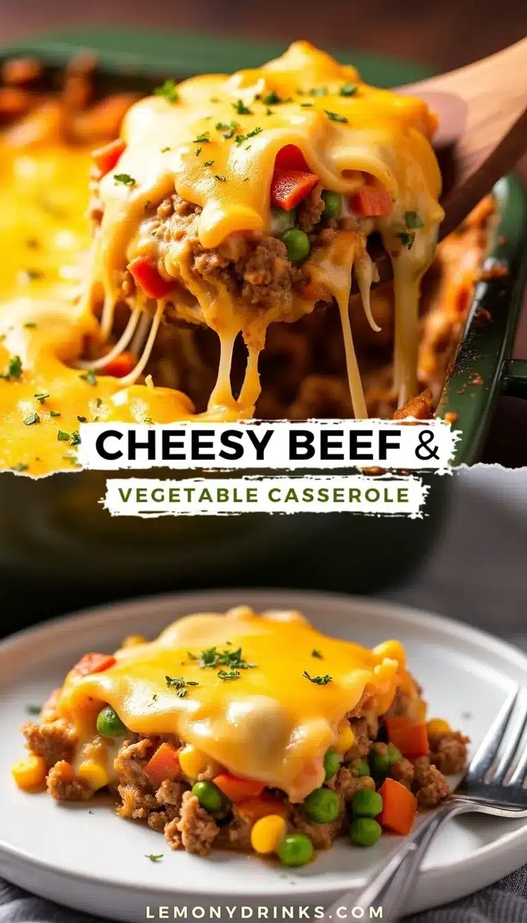 Pinterest pin for cheesy beef and vegetable casserole