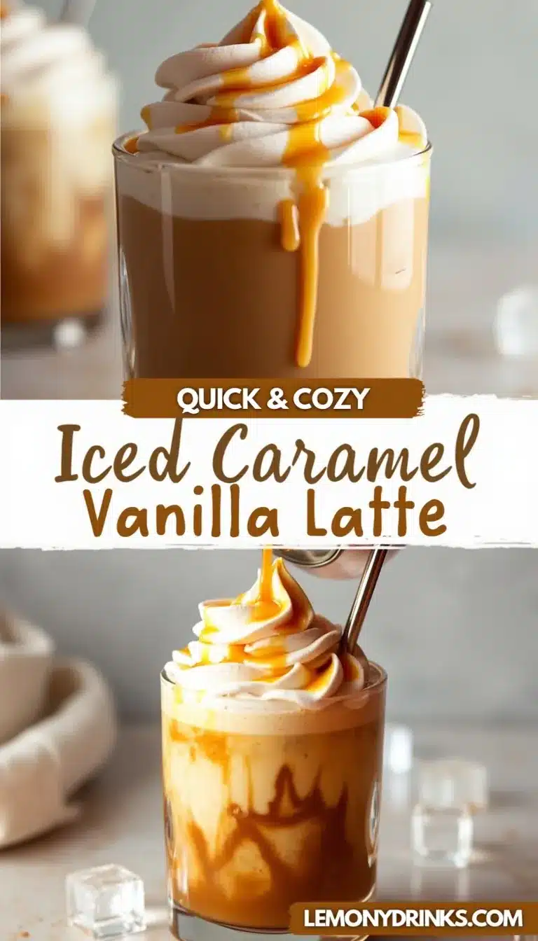 Pinterest pin for iced caramel vanilla latte