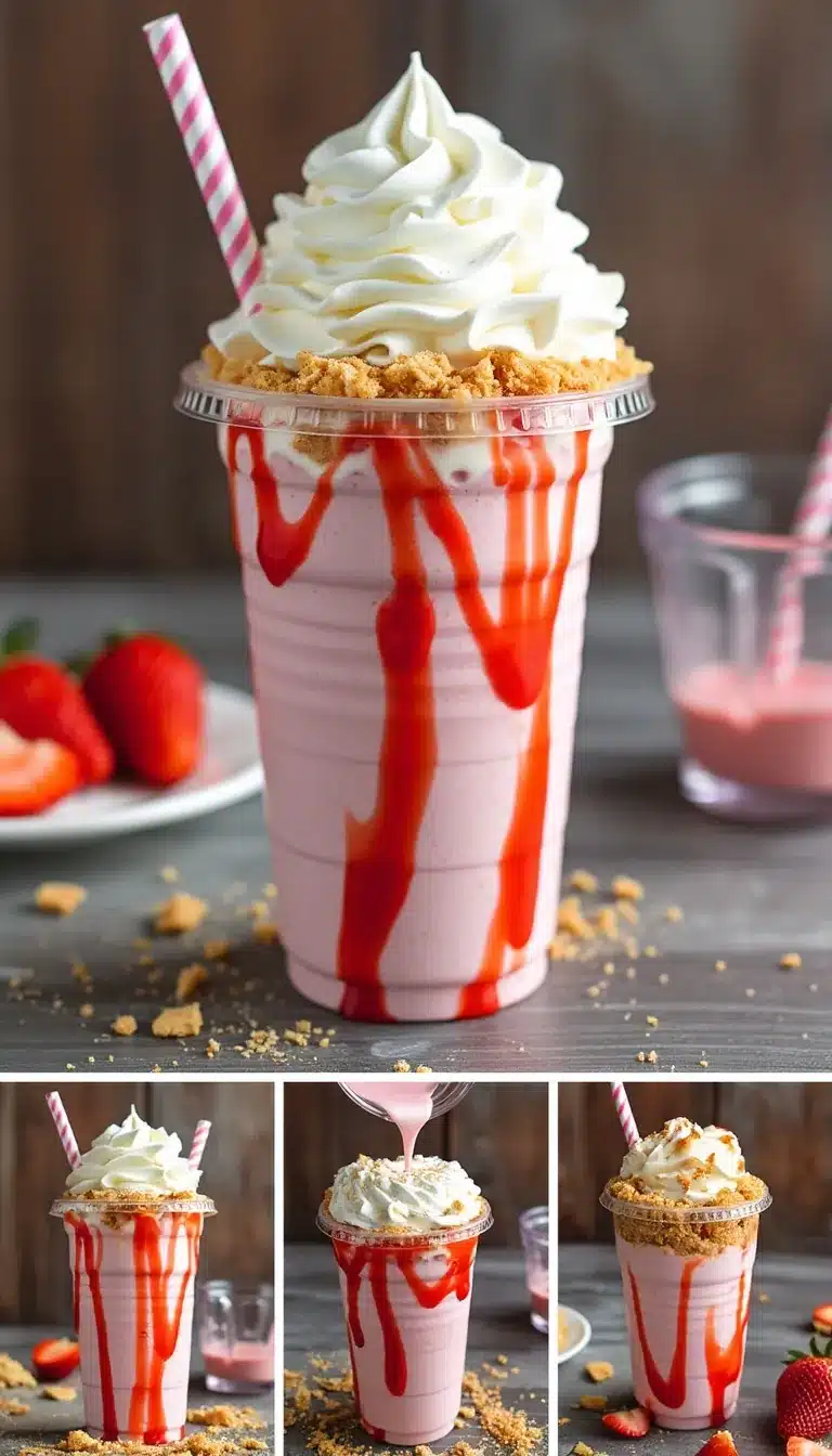 Pinterest pin for strawberry shortcake frappe