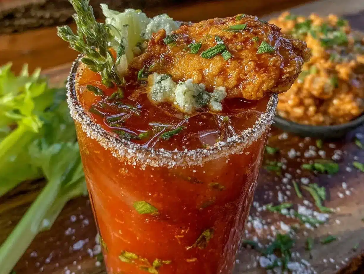 Buffalo chicken dip inspired Bloody Mary preparation steps