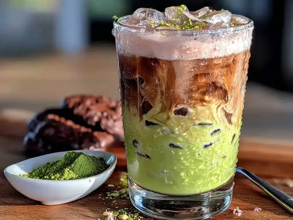 creamy iced dirty matcha latte - featured image