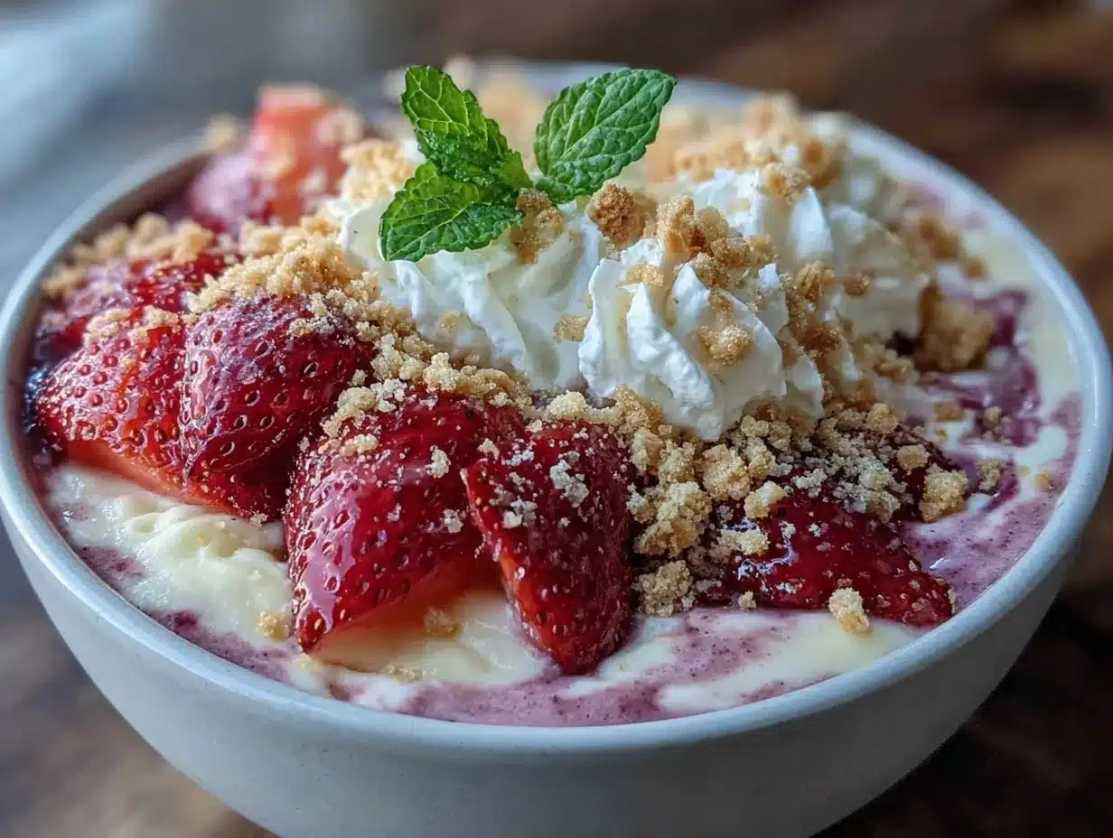 creamy strawberry cheesecake smoothie bowl preparation steps