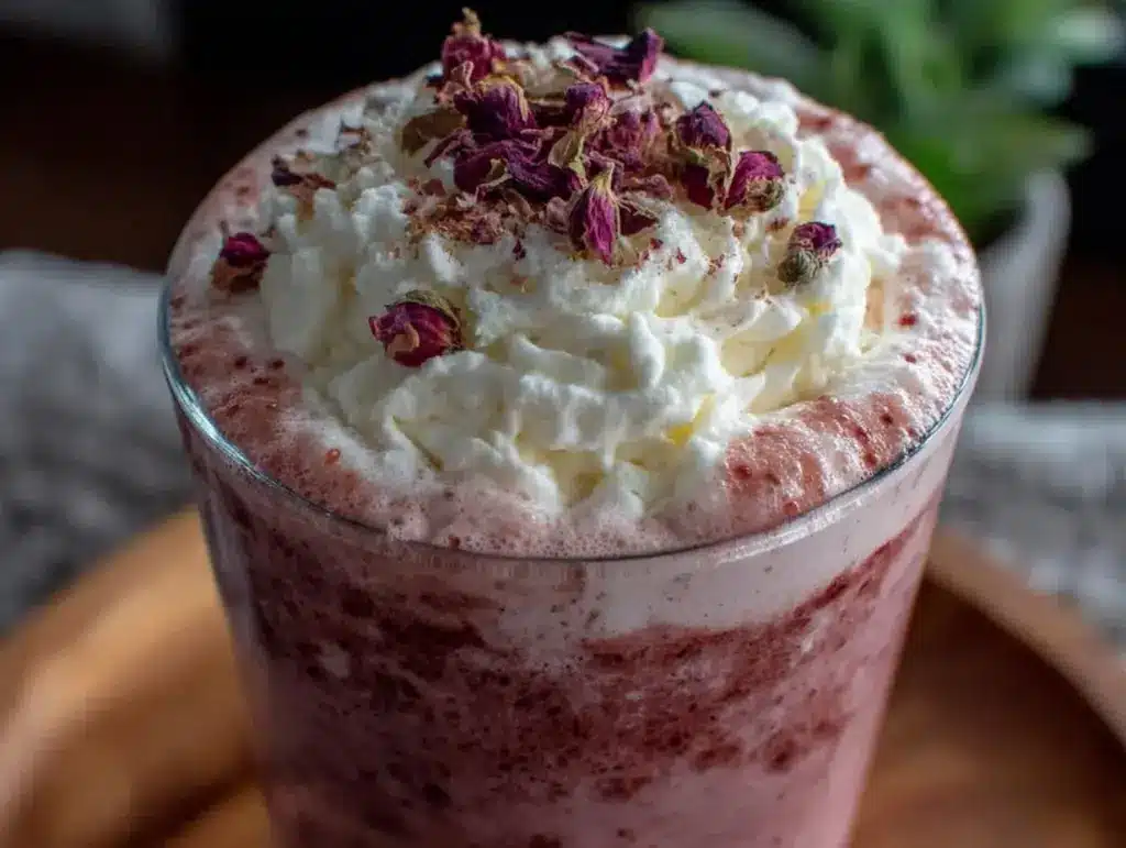 creamy strawberry rose latte - featured image