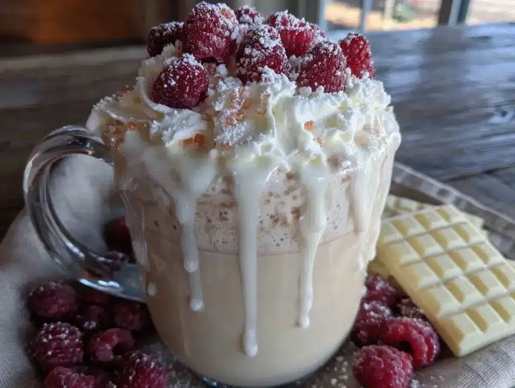 creamy white chocolate raspberry hot cocoa - featured image