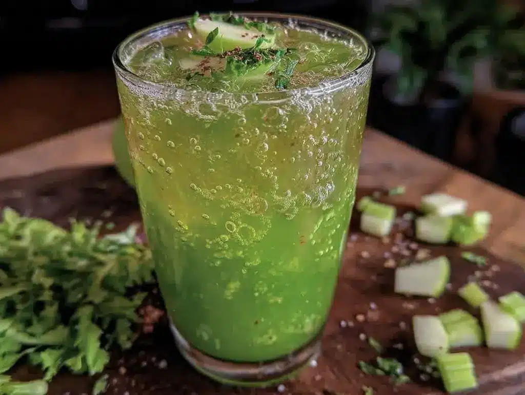 fresh green juice with celery and apple - featured image