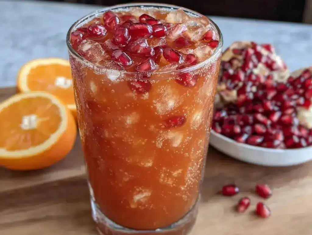 fresh healthy orange juice with pomegranate seeds - featured image