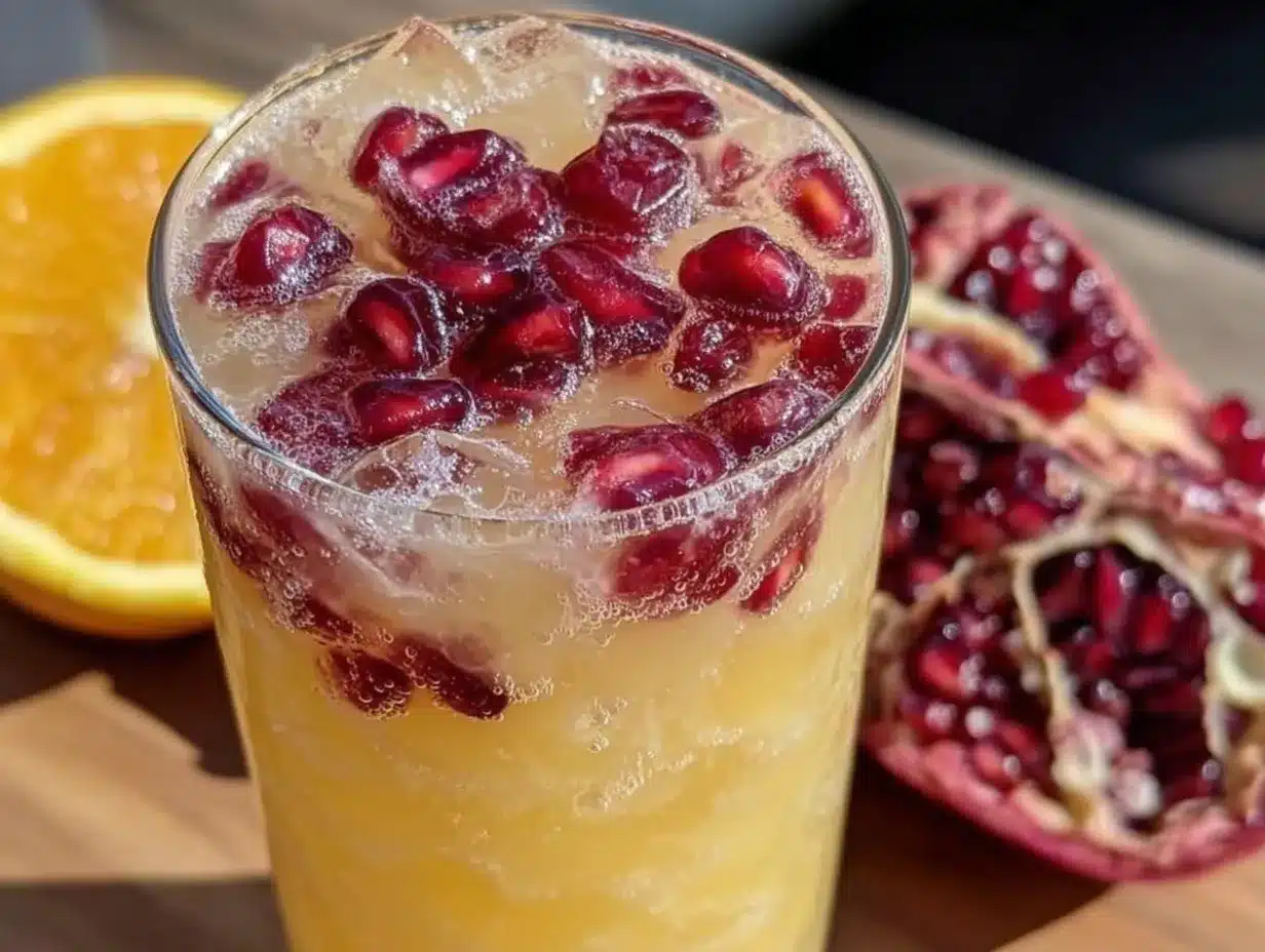 fresh healthy orange juice with pomegranate seeds preparation steps