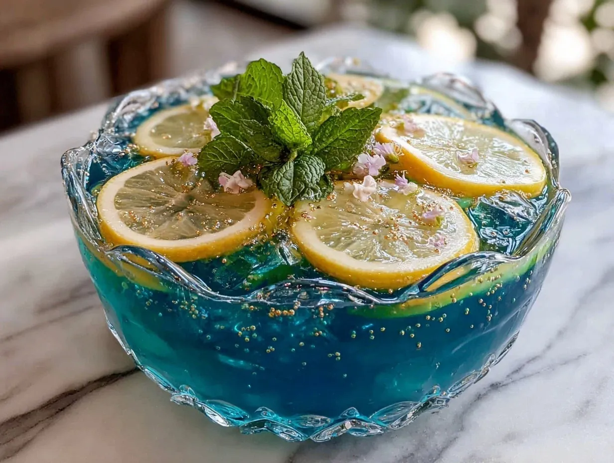 blue and gold layered lemonade punch bowl preparation steps