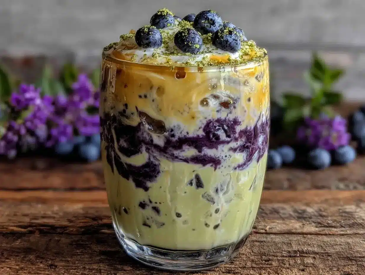 blueberry matcha layered iced latte preparation steps