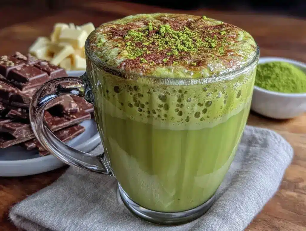 creamy green velvet matcha white hot chocolate - featured image