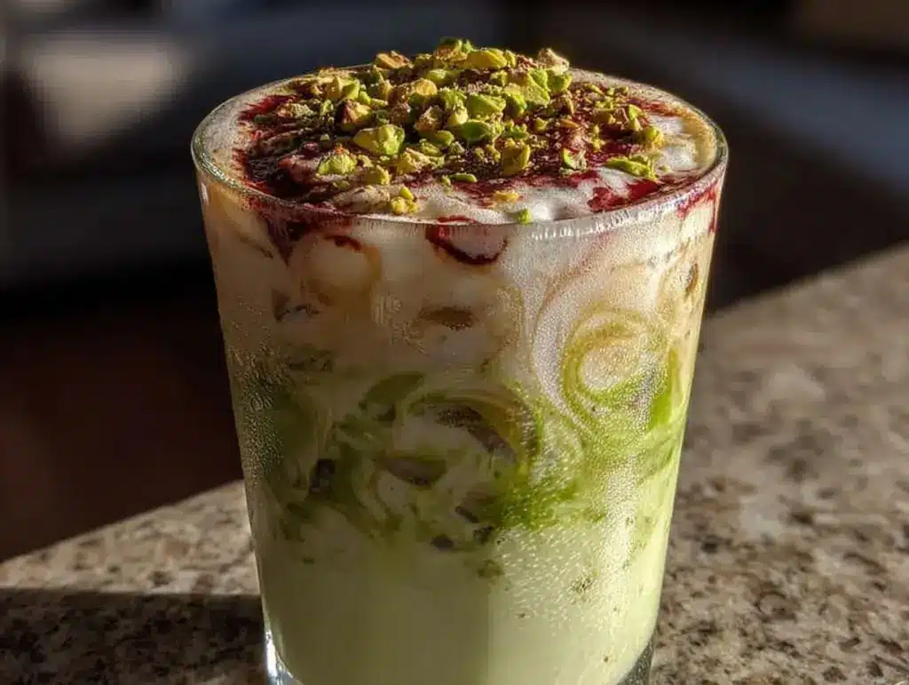 creamy iced pistachio latte - featured image