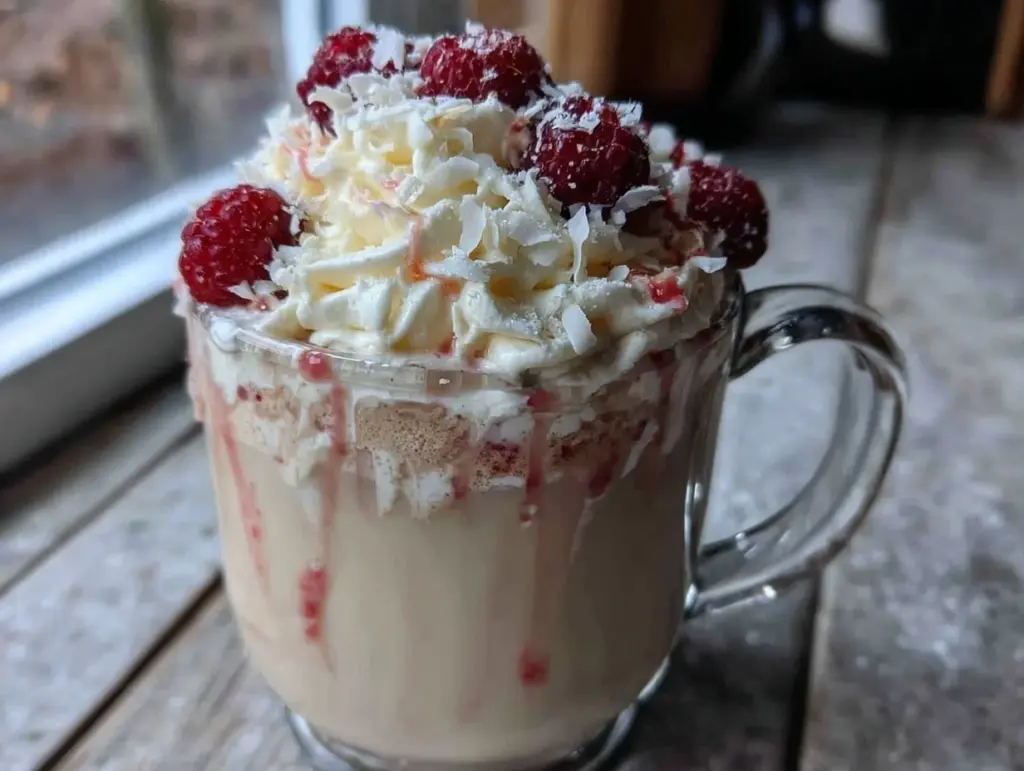 creamy white chocolate raspberry truffle hot cocoa - featured image