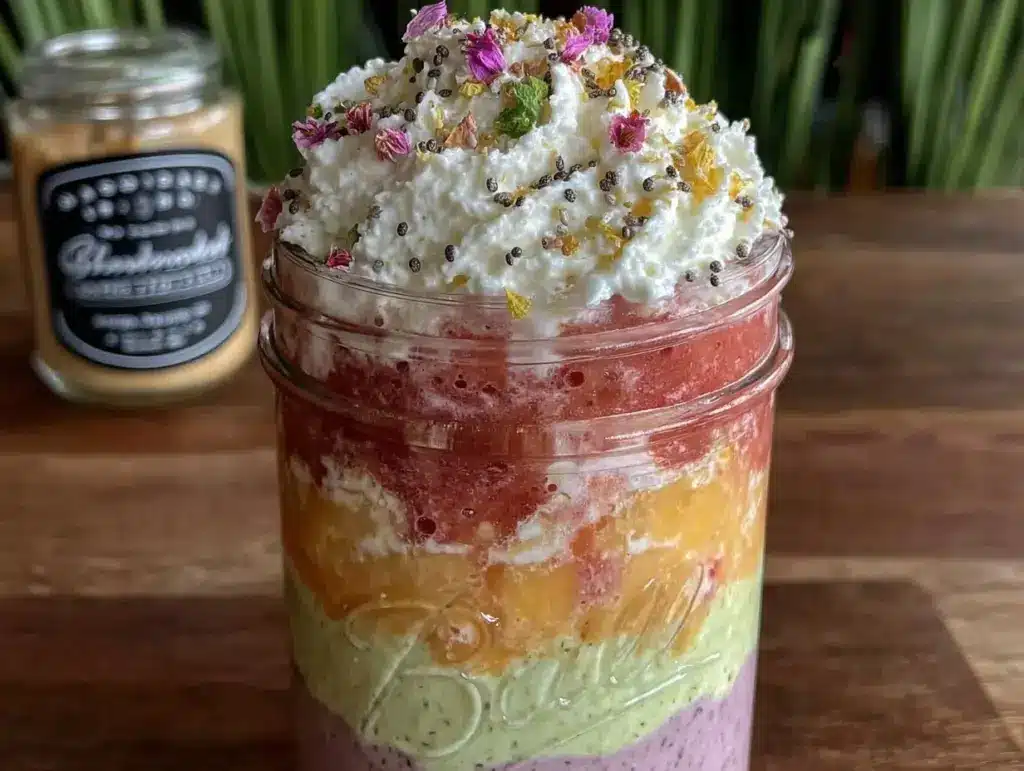 fresh rainbow layered fruit smoothie tower recipe - featured image