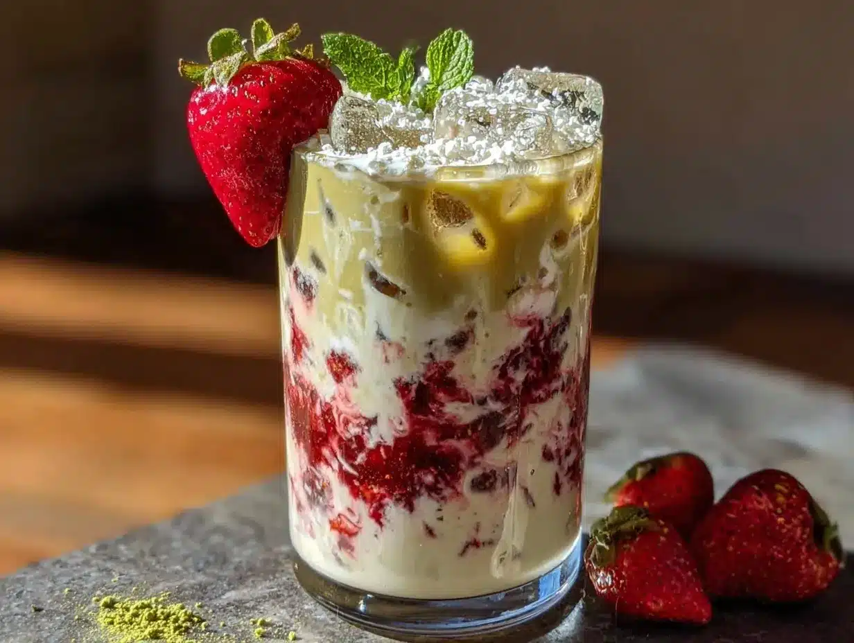 iced matcha strawberry latte preparation steps