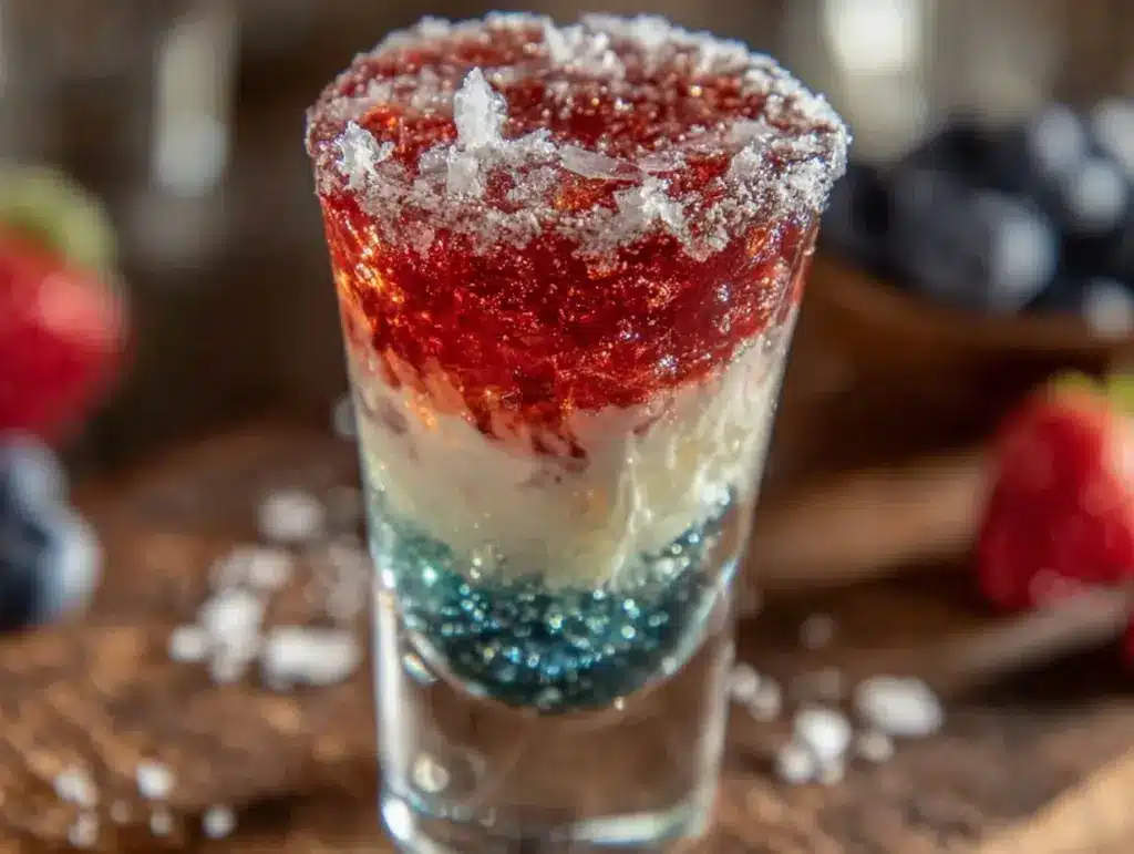 american flag cocktail layered shot - featured image