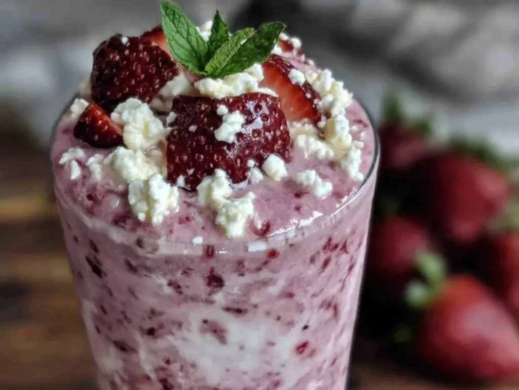 creamy cottage cheese strawberry smoothie - featured image
