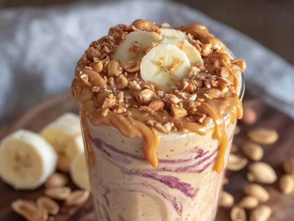 creamy high protein peanut butter banana smoothie - featured image