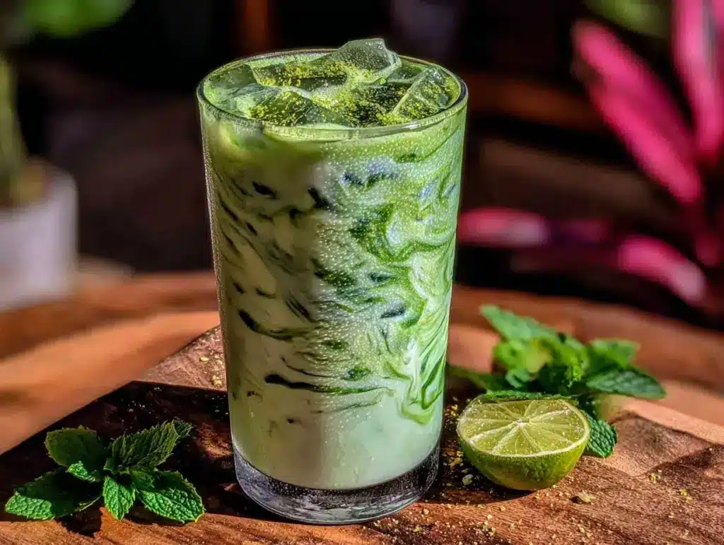 creamy matcha coconut iced latte - featured image
