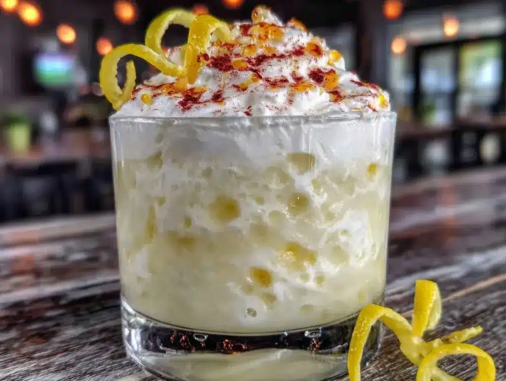 creamy whiskey sour cocktail - featured image