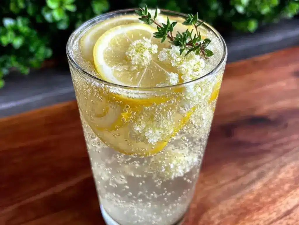 fresh sparkling elderflower lemonade with thyme - featured image