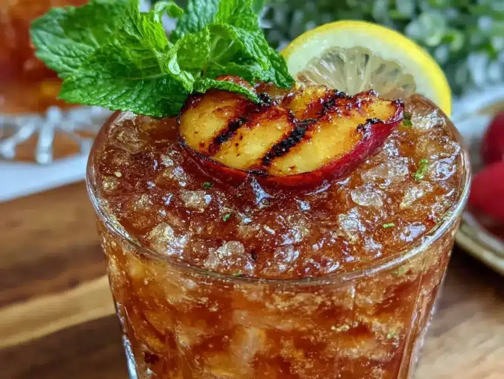 grilled peach bourbon smash cocktail - featured image