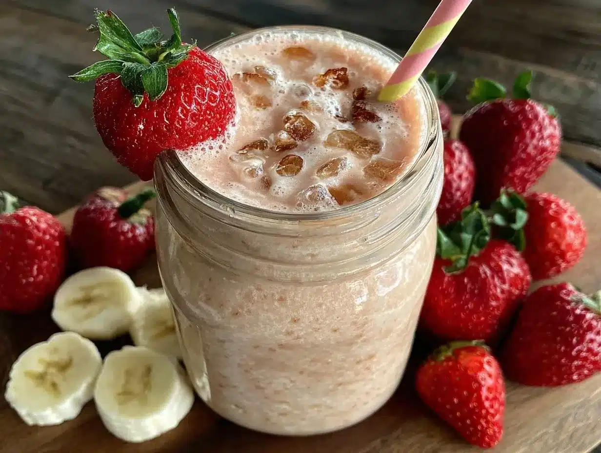 healthy strawberry banana oat milk smoothie preparation steps