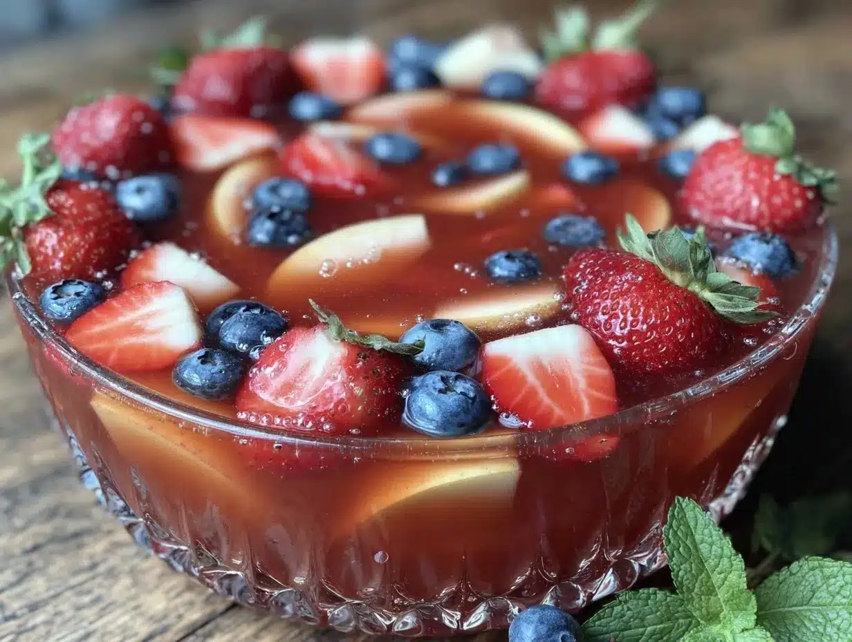 red white and blue sangria punch bowl preparation steps