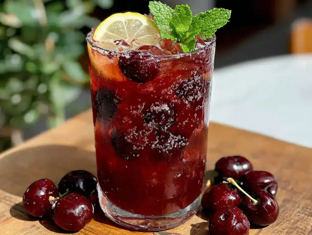 smoked cherry bourbon lemonade cocktail - featured image