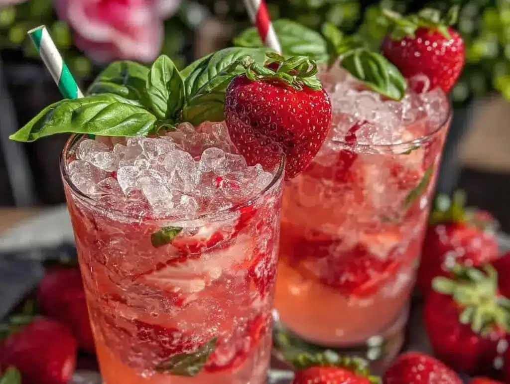 strawberry basil vodka spritz cocktail - featured image