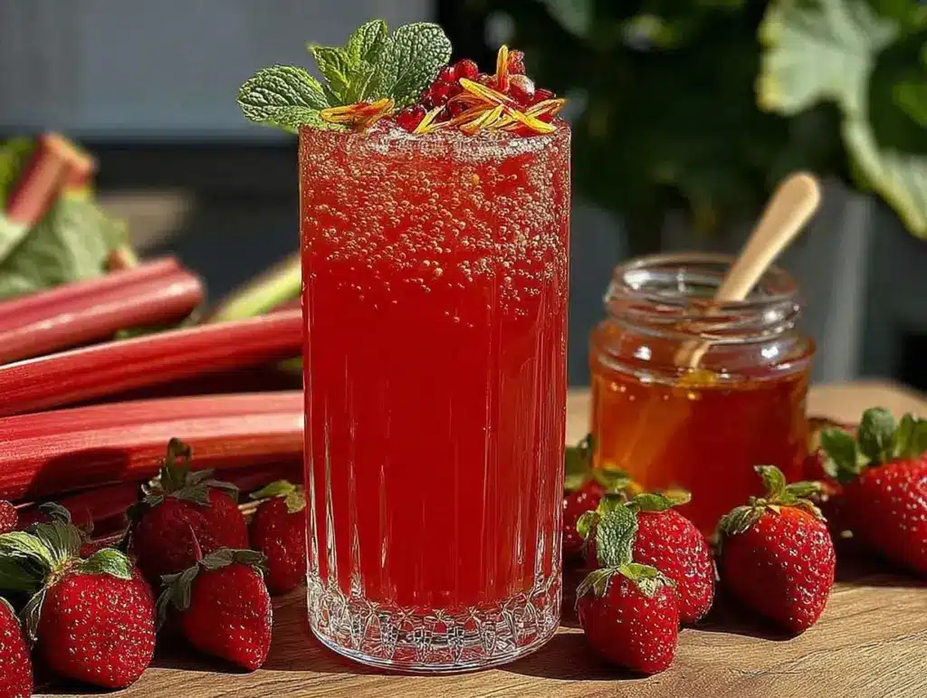 strawberry rhubarb shrub cocktail - featured image