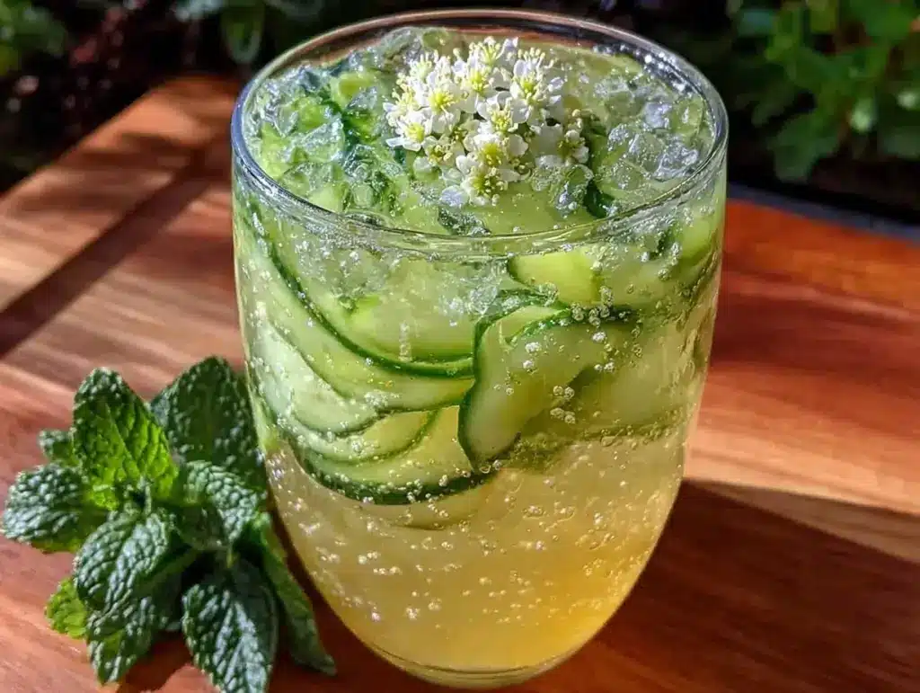 fresh cucumber elderflower sparkler cocktail - featured image