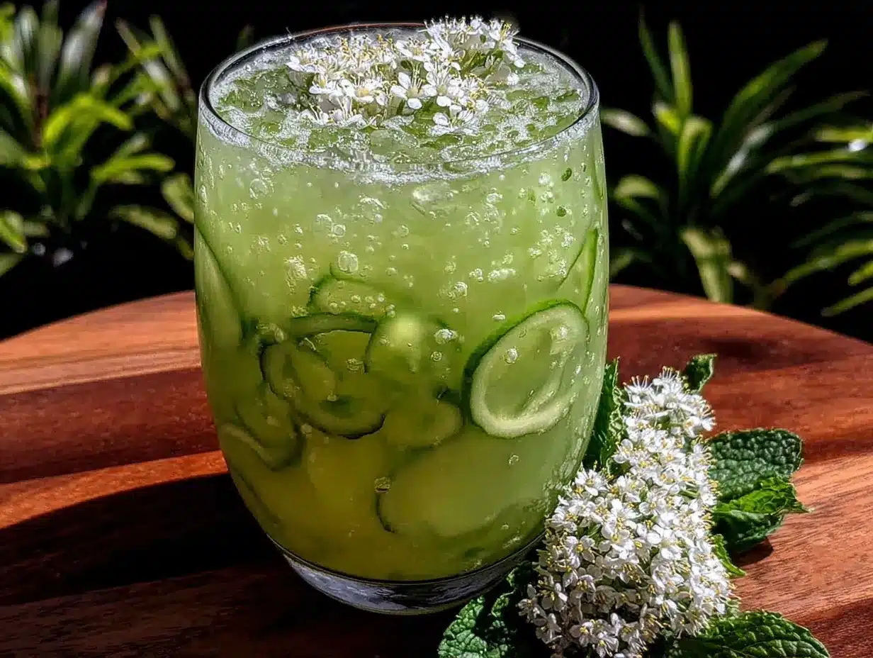 fresh cucumber elderflower sparkler cocktail preparation steps