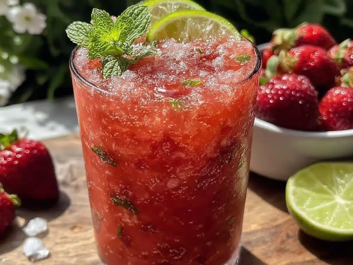 fresh frozen strawberry limeade mocktail with mint preparation steps