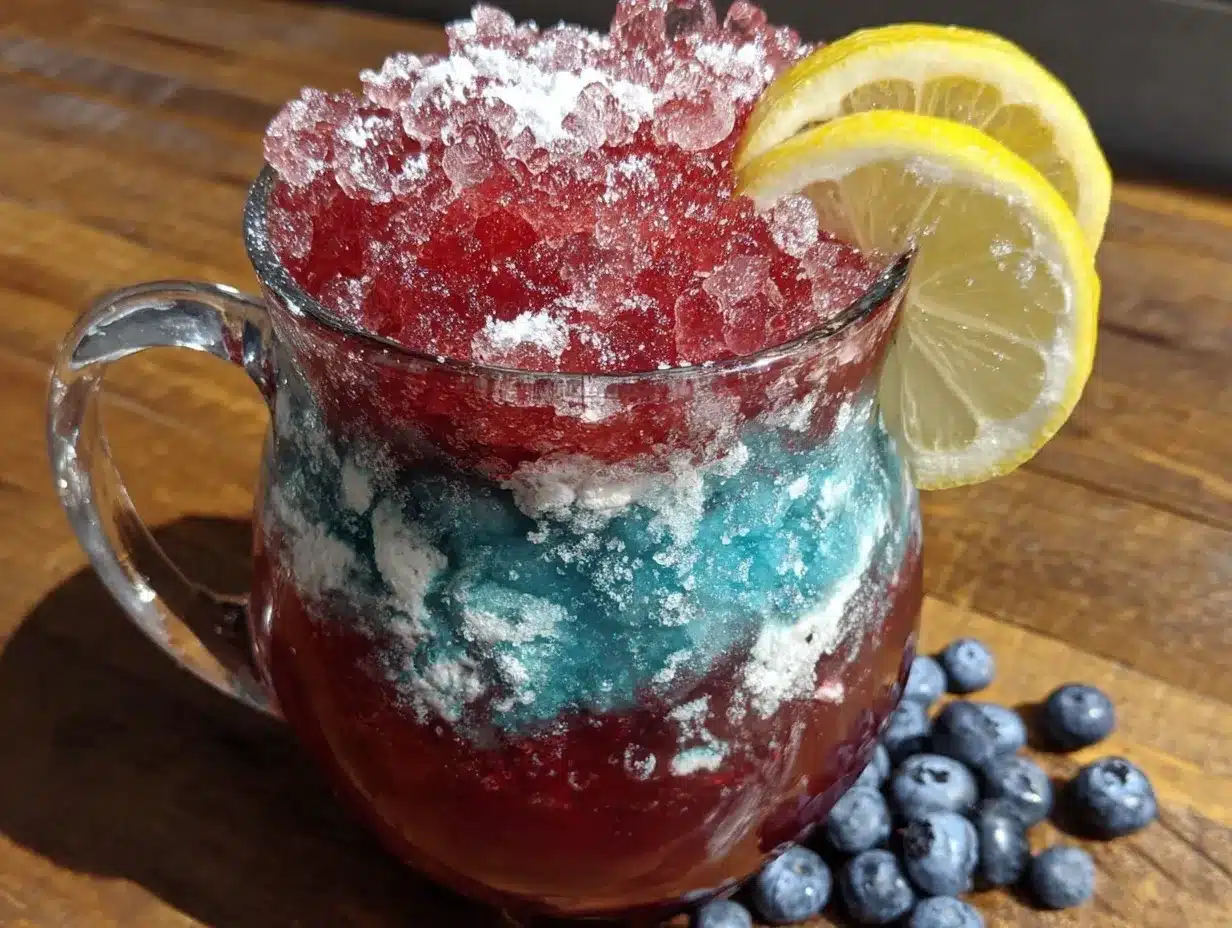 red white and blue frozen lemonade slushie pitcher preparation steps
