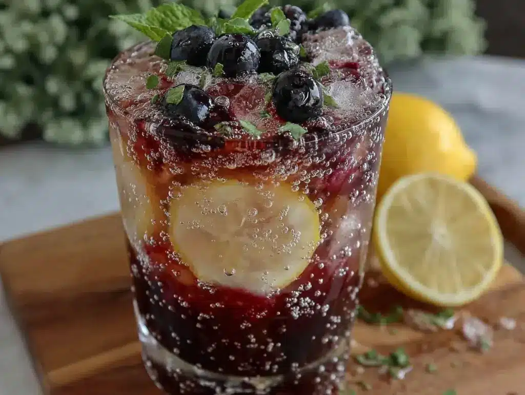 sparkling blueberry lemonade mocktail - featured image