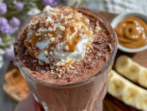 creamy chocolate peanut butter protein smoothie - featured image