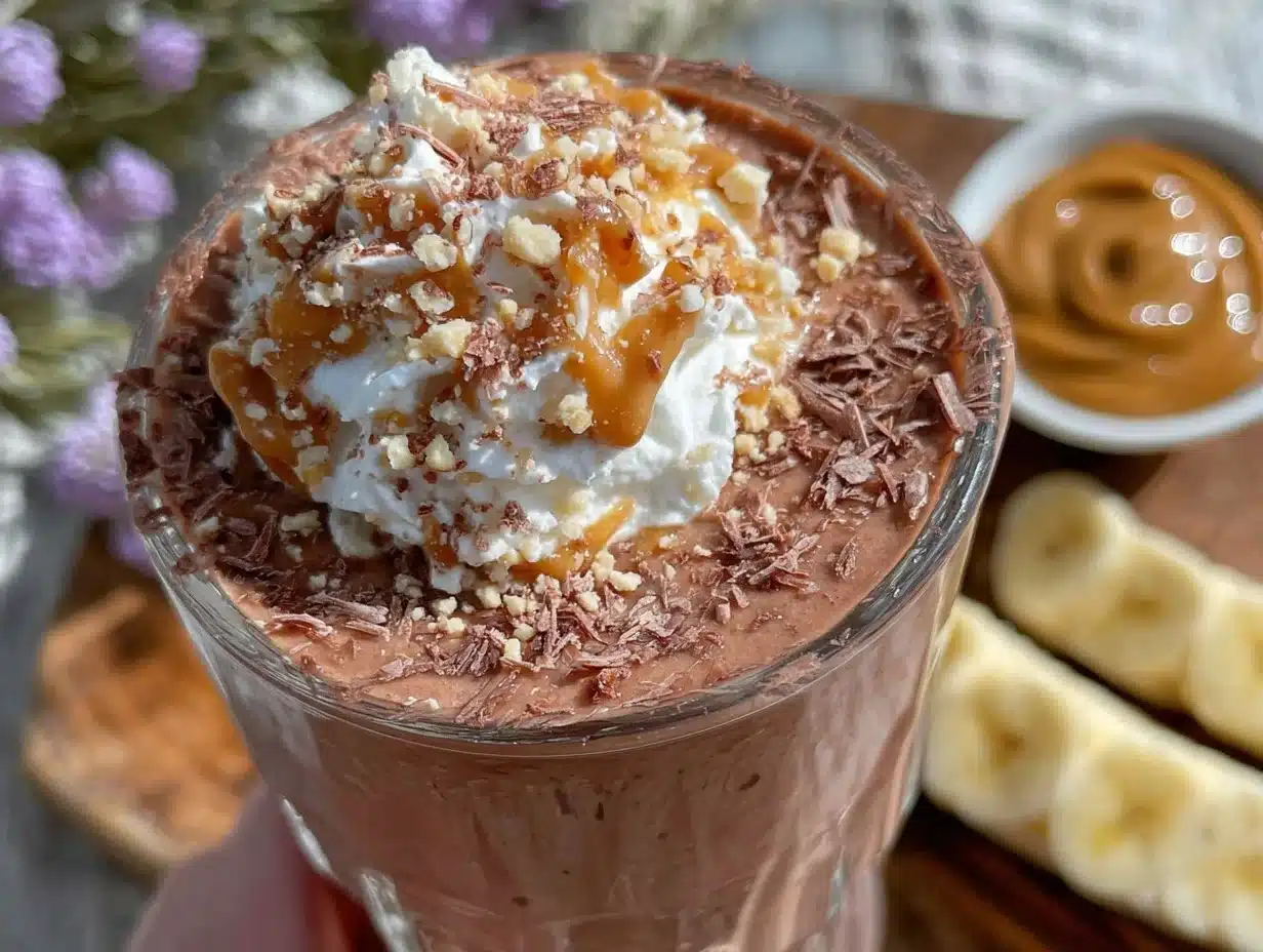 creamy chocolate peanut butter protein smoothie - featured image