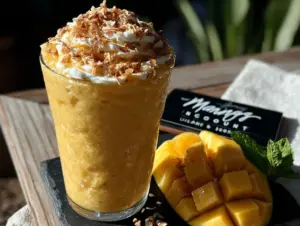 creamy frozen mango coconut slushie - featured image