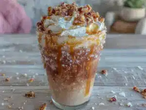 creamy iced caramel ribbon crunch frappuccino recipe - featured image